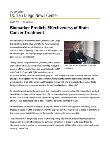 Biomarker Predicts Effectiveness of Brain Cancer Treatment