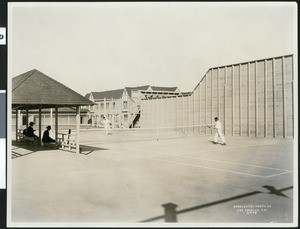 Two men at a tennis court at Robal Inn, San Pedro, ca.1930