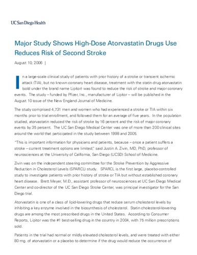 Major Study Shows High-Dose Atorvastatin Drugs Use Reduces Risk of Second Stroke