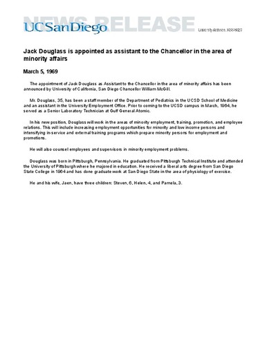 Jack Douglass is appointed as assistant to the Chancellor in the area of minority affairs