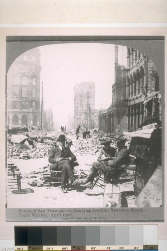 Ruins of San Francisco's banking section, Sansome north from Market, April 1906. [Photograph copyright by E.W. Kelley.]