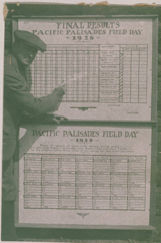 A man points out the final results of the Pacific Palisades Annual Field Day of 1928