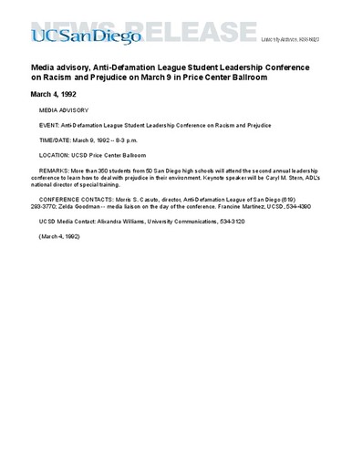 Media advisory, Anti-Defamation League Student Leadership Conference on Racism and Prejudice on March 9 in Price Center Ballroom
