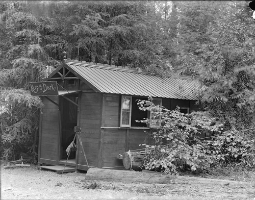Cabin used as dark room, Bohemian Grove. [negative]