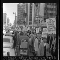 Pickets from Jewish organizations protesting the end of War Crimes Statute of Limitations at German Consulate Los Angeles, Calif., 1965