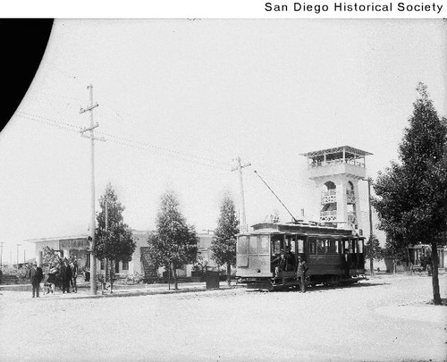 View of the #2 Streetcar and Pacific Building Company Tower on University Avenue in East San Diego