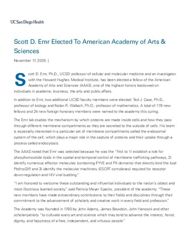 Scott D. Emr Elected To American Academy of Arts & Sciences