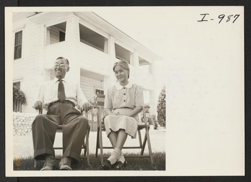 Mr. and Mrs. Kanjiro Mayeda of Rt. 1, Box 374, Dinuba, is shown at their home to which they returned
