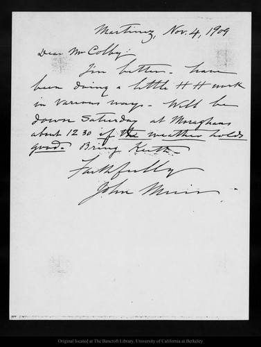 Letter from John Muir to [William] Colby, 1909 Nov 4
