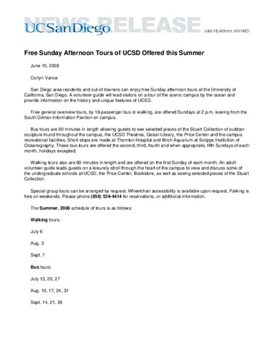 Free Sunday Afternoon Tours of UCSD Offered this Summer