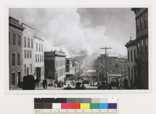 Montgomery above Pacific. [Crowds in street watching fire burning in distance.]