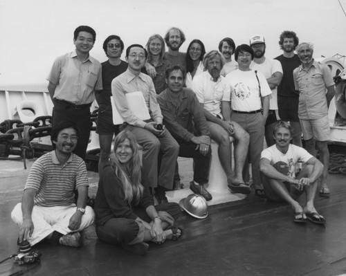 Scientific staff on board the D/V Glomar Challenger (ship) during Leg 87B of the Deep Sea Drilling Project. 1979