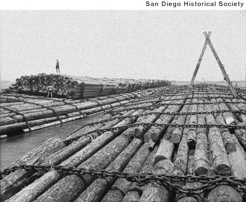 Men standing on a log raft at the Benson Lumber Company