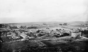 Panoramic view of Ventura showing Mission San Buenaventura, looking northeast toward the ocean, 1885