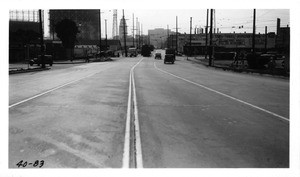 View of site of Aliso Street viaduct prior to construction of new bridge, looking west from point about 300 feet east of Mission Road, Los Angeles, 1940