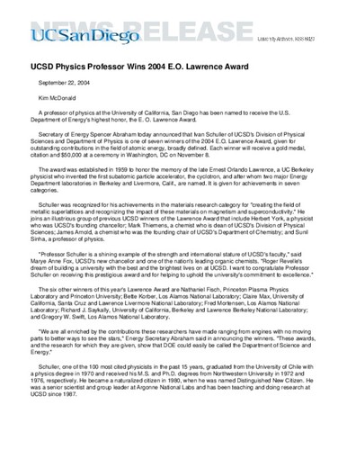 UCSD Physics Professor Wins 2004 E.O. Lawrence Award