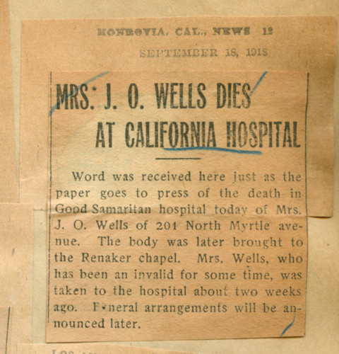 Mrs. J. O. Wells dies at California Hospital