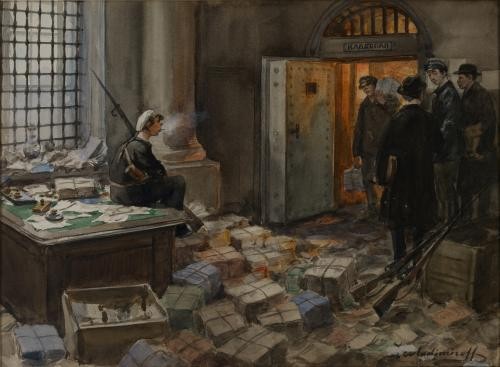 Ivan Vladimirov watercolor depiction of Communist requisition of property from the Vavelberg Bank in Petrograd