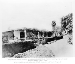 Exterior view of the Wolfskill Ranch House on Alameda Street near Fifth Street, Los Angeles, 1885