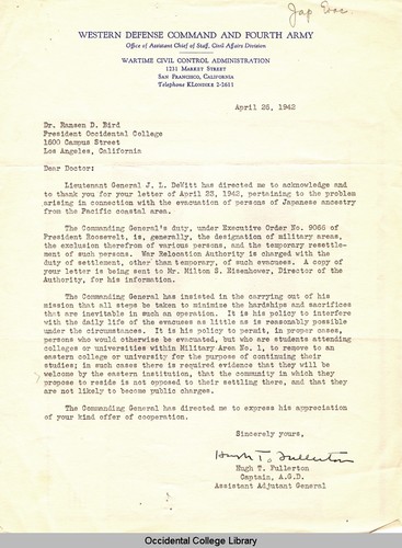 Letter from Hugh T. Fullerton, Captain, A.G.D, Assistant Adjunct General, Western Defense Command and Fourth Army, to Remsen Bird, April 26, 1942