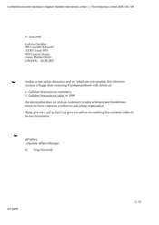 [Letter from Jeff Jeffery to Andrew Dunkley regarding Gallaher International customers and sales for 1999]