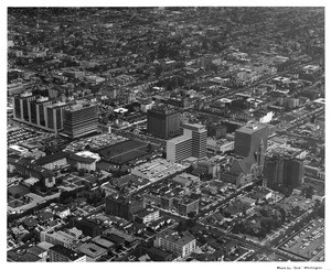 Aerial view, Koreatown, Ambassador Hotel, Wilshire Boulevard, Eighth Street, Texaco Building