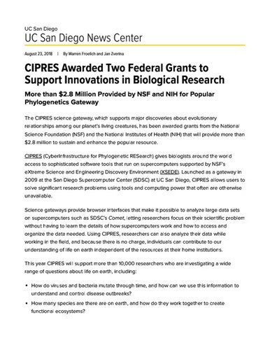 CIPRES Awarded Two Federal Grants to Support Innovations in Biological Research