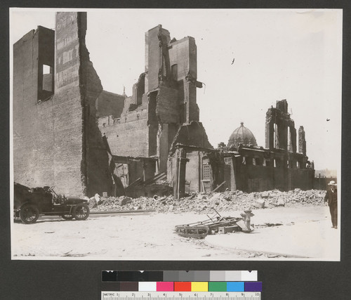 [Ruins of unidentified building from south of Market St. Dome of Hall of Records (next to City Hall) in distance, right center.]