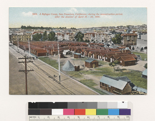 A refugee camp, San Francisco, California; during the reconstruction period, after the disaster of April 18-20, 1906. [Jefferson Square. Postcard. No. 5016.]