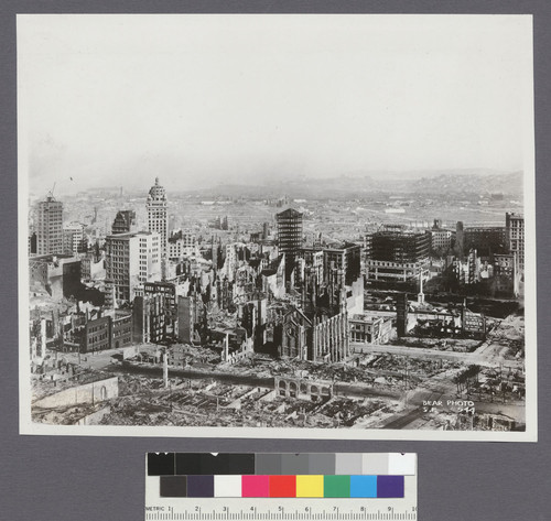 [View of ruined city from southeast slope of Nob Hill, looking toward downtown. Call Building, left center; Temple Emanuel, lower center.]