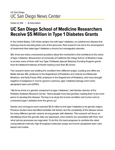 UC San Diego School of Medicine Researchers Receive $5 Million in Type 1 Diabetes Grants