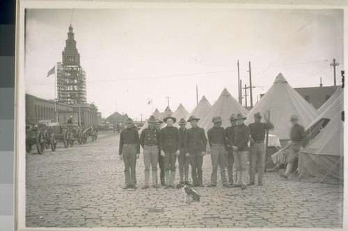 East Street [the Embarcadero], a few weeks after the fire. U.S. Army men bivouacked in tents