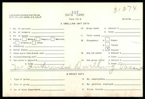 WPA Low income housing area survey data card 239, serial 31274, vacant