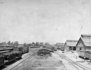 View of the Santa Fe Railroad yard in San Bernardino, ca.1888