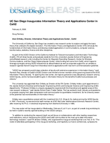 UC San Diego Inaugurates Information Theory and Applications Center in Calit2