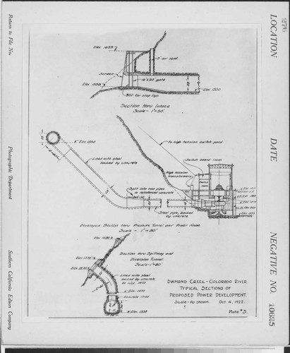 Colorado River - section detail drawings of intake, penstock, powerhouse and spillway diversion tunnel for proposed dam at Colorado River