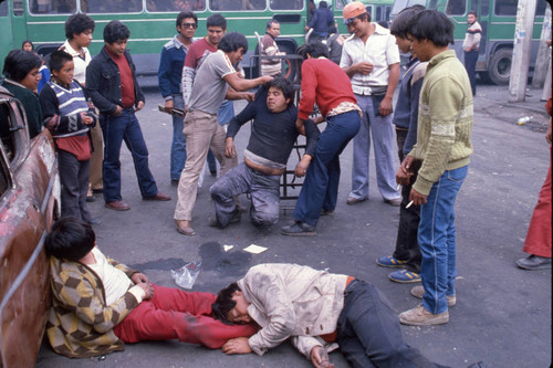 Impaired men at the bus depot, Mexico, ca. 1983