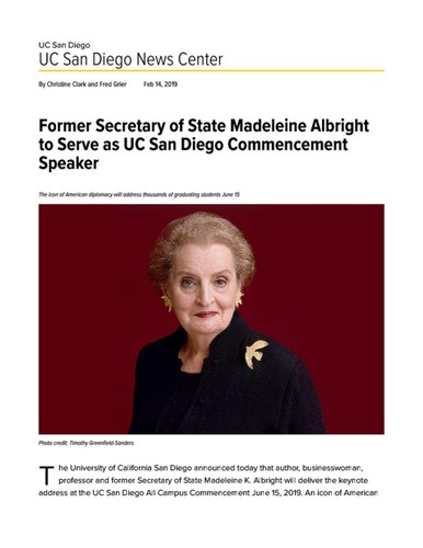 Former Secretary of State Madeleine Albright to Serve as UC San Diego Commencement Speaker