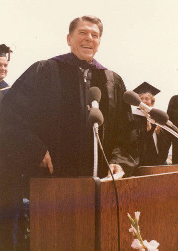 Governor Ronald Reagan speaking at the Seaver College dedication, 1975