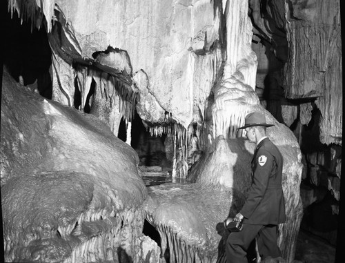 Crystal Cave, Interior Formations, , Frank Potter beside pool in Dome Room. NPS Individuals