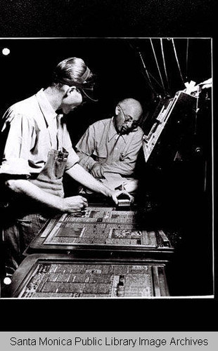 Printing plates being assembled for the "Douglas Airview News" (published by the Douglas Aircraft Company)