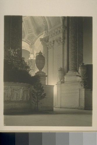 [H339? Rotunda, Palace of Fine Arts (Bernard R. Maybeck, architect). Frieze sculpture on flower box, at left, by Ulric H. Ellerhusen.]