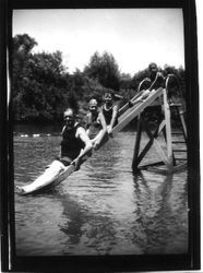 Strout family of Sebastopol on a wooden slide at Russian River