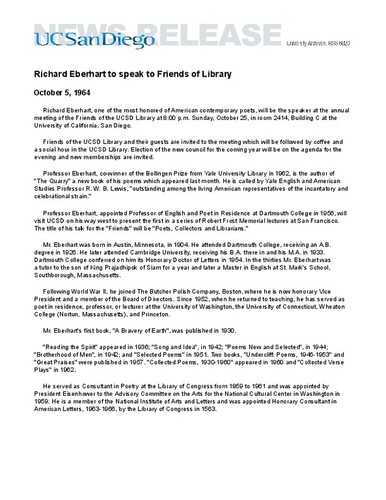Richard Eberhart to speak to Friends of Library