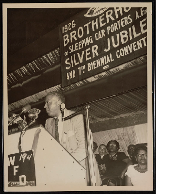 A. Philip Randolph delivering speech at the Silver Jubilee and 7th Biennial Convention of the Brotherhood of Sleeping Car Porters