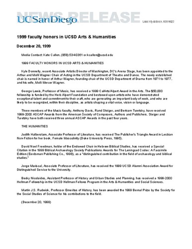 1999 faculty honors in UCSD Arts & Humanities