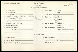 WPA Low income housing area survey data card 125, serial 20390, vacant