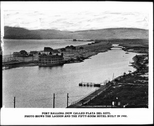 View of the Playa Del Rey lagoon and the fifty room Del Rey Hotel, ca.1885