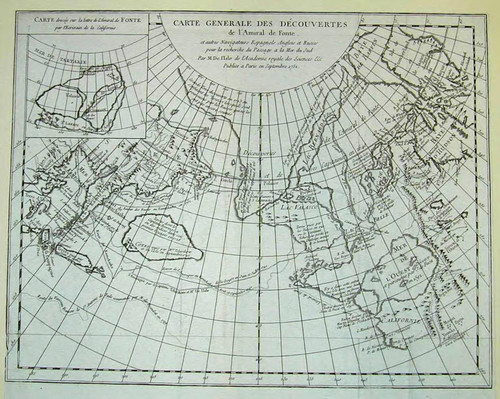 Carte Generale des Découvertes de l'Amiral de Fonte et autres Navigateurs Espagnols, Anglois et Russes pour le recherche du Passage a la Mer du Sud Par M. De l'Isle de l'Academie royale des Sciences &c