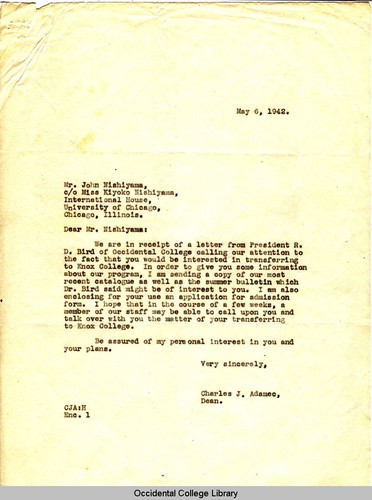 Letter from Charles J. Adamec, Dean, Knox College, to John Nishiyama, May 6, 1942